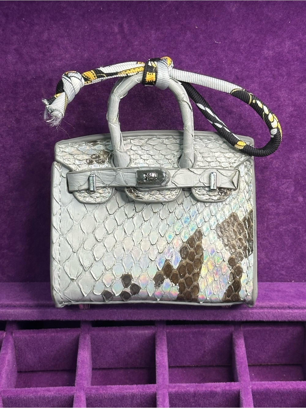 Gray Snake-Pattern Mini Top-Handle Bag